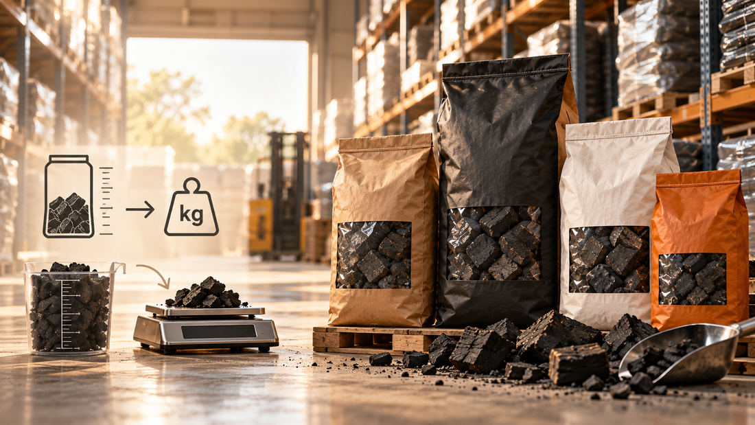 Sacs de charbon de bois de différents formats avec balance et pictogrammes pour comparer litres et kilos dans un entrepôt professionnel.