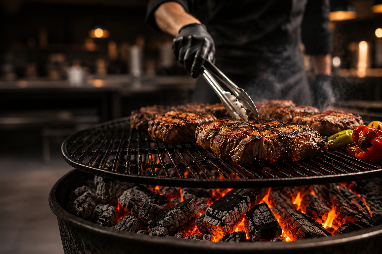 Cuisson de viande au charbon de bois professionnel dans un restaurant avec braises haute température.