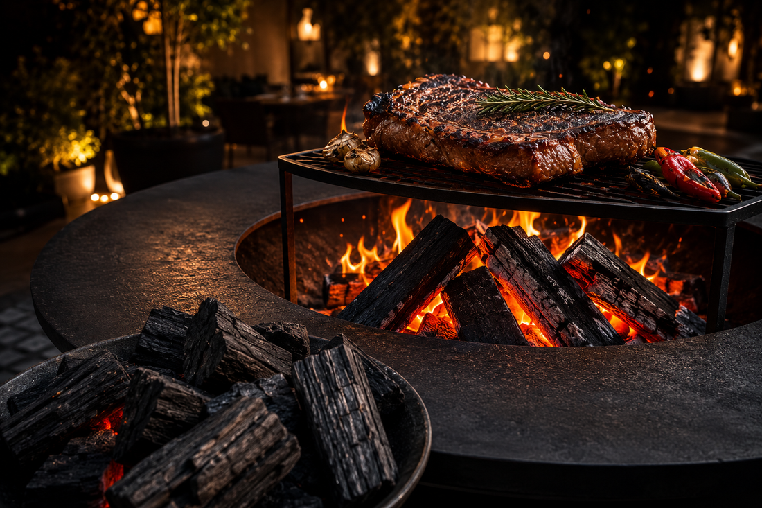 Brasero alimenté avec du charbon de bois premium pour barbecue, idéal pour une combustion longue durée et une cuisson au feu de bois.