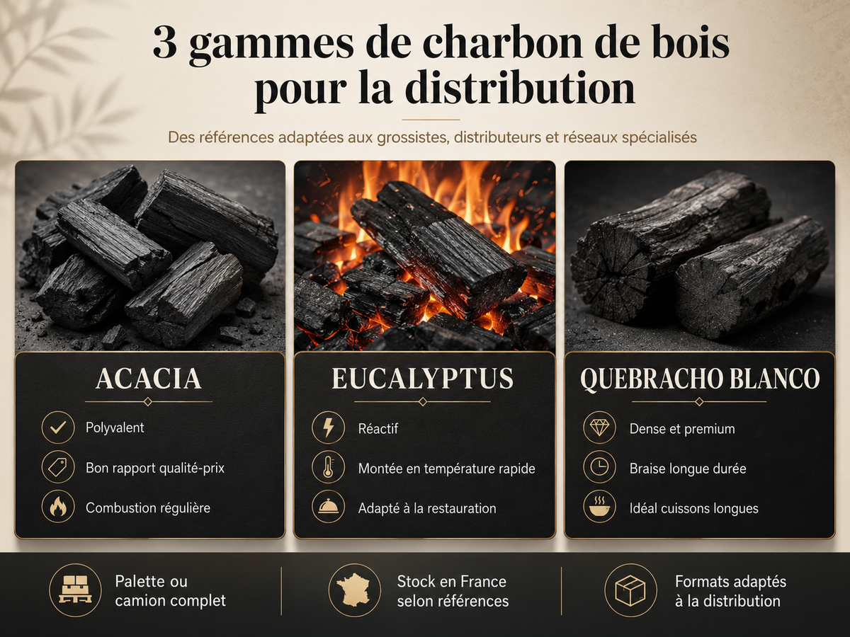 Trois gammes de charbon de bois pour grossistes et distributeurs : acacia, eucalyptus et Quebracho Blanco
