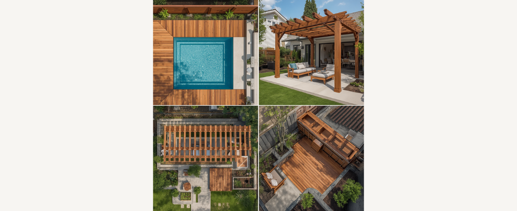 Exemples de projets réalisés avec des lames de terrasse en eucalyptus : terrasse de piscine, pergola, patio et aménagement extérieur haut de gamme