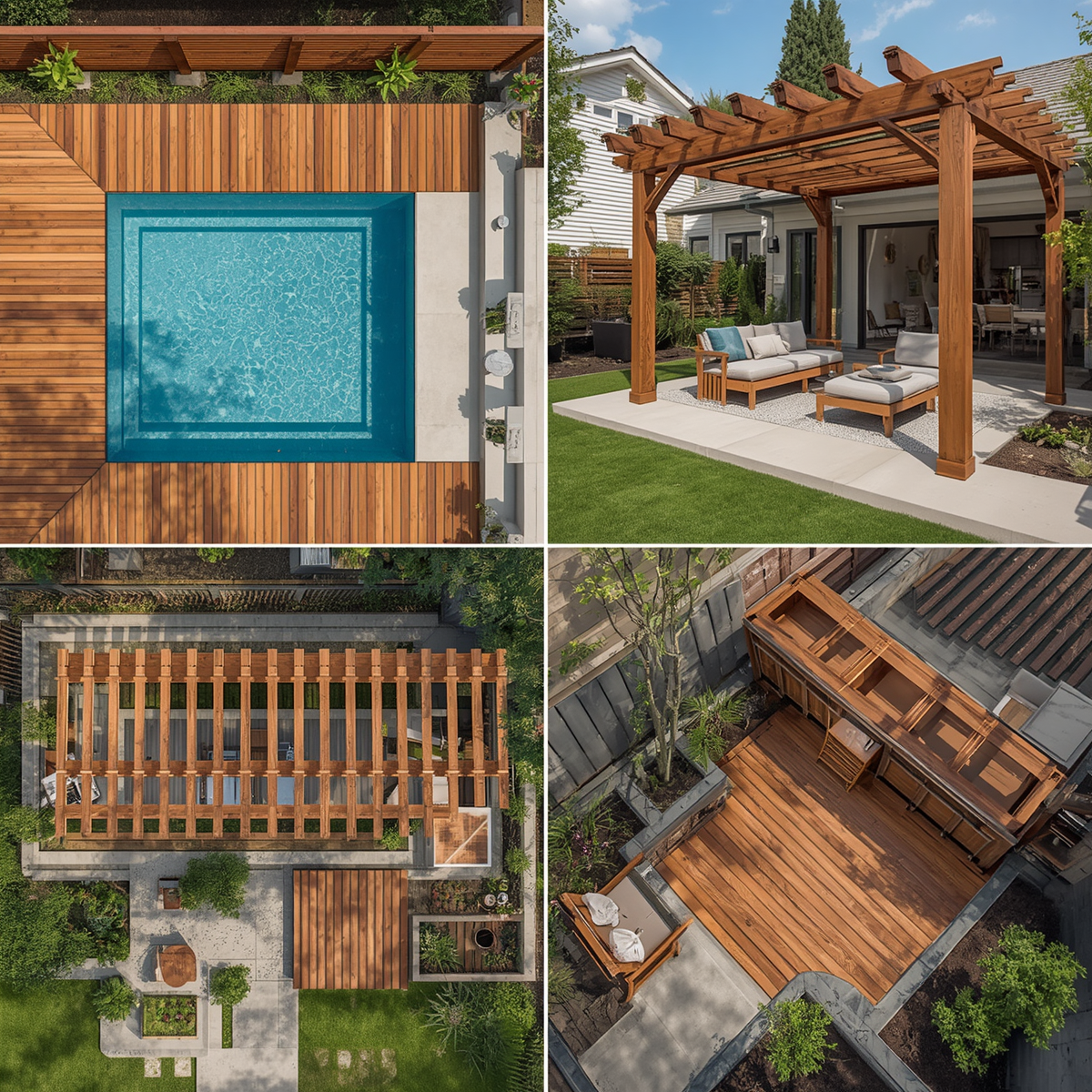 Terrasse piscine et pergola réalisées en bois eucalyptus