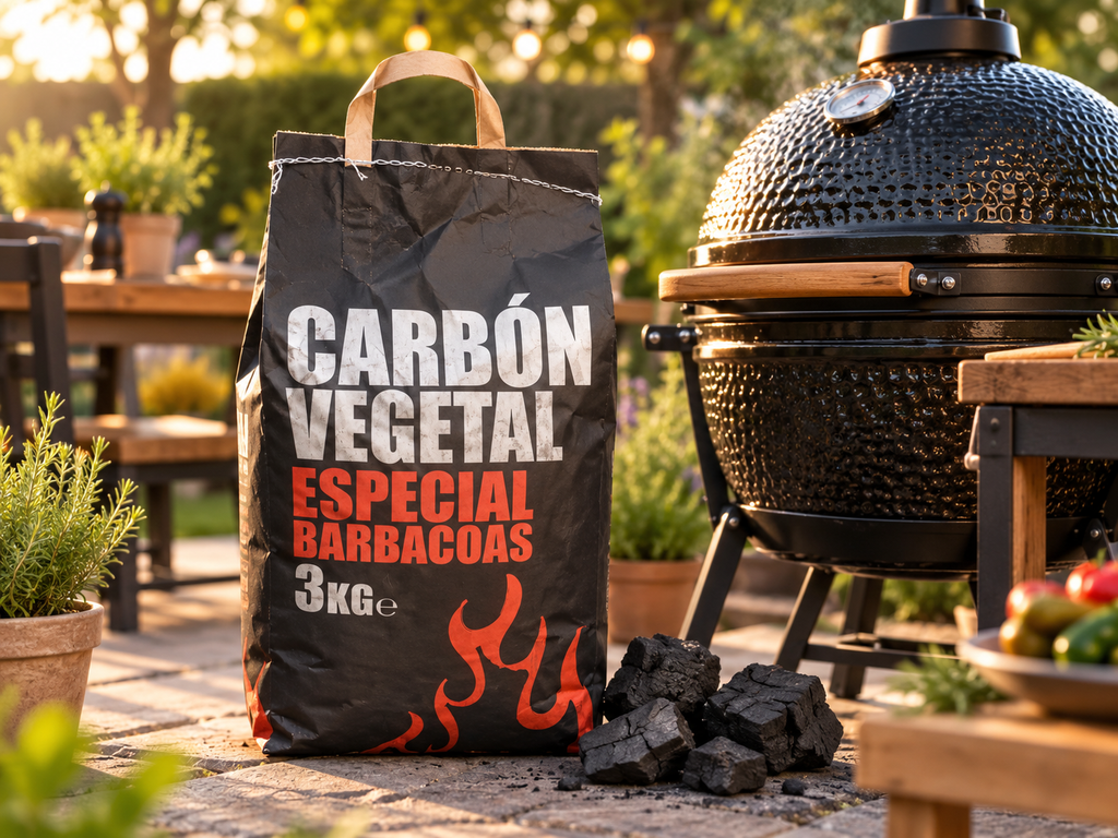 Sac de charbon de bois Quebracho 3 kg posé dans un jardin à côté d’un barbecue Kamado avec morceaux de charbon.