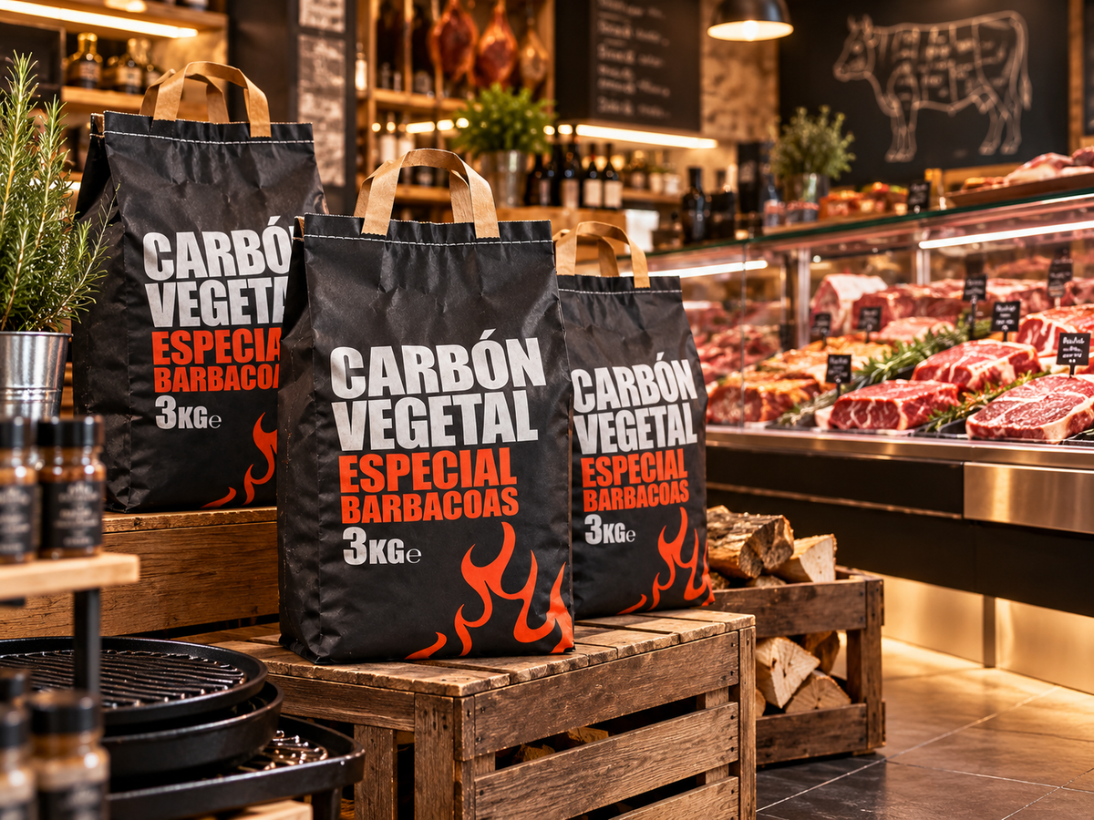Sac de charbon de bois barbecue 3 kg présenté dans une épicerie fine premium, au milieu de produits gourmets et d’une mise en scène soignée.