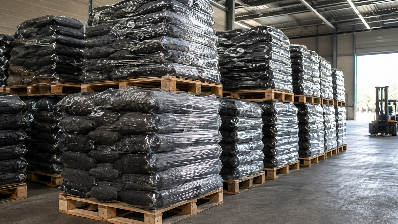 Palettes de charbon de bois stockées dans un entrepôt, pour l’approvisionnement des professionnels de la restauration, des distributeurs et des commerces spécialisés.