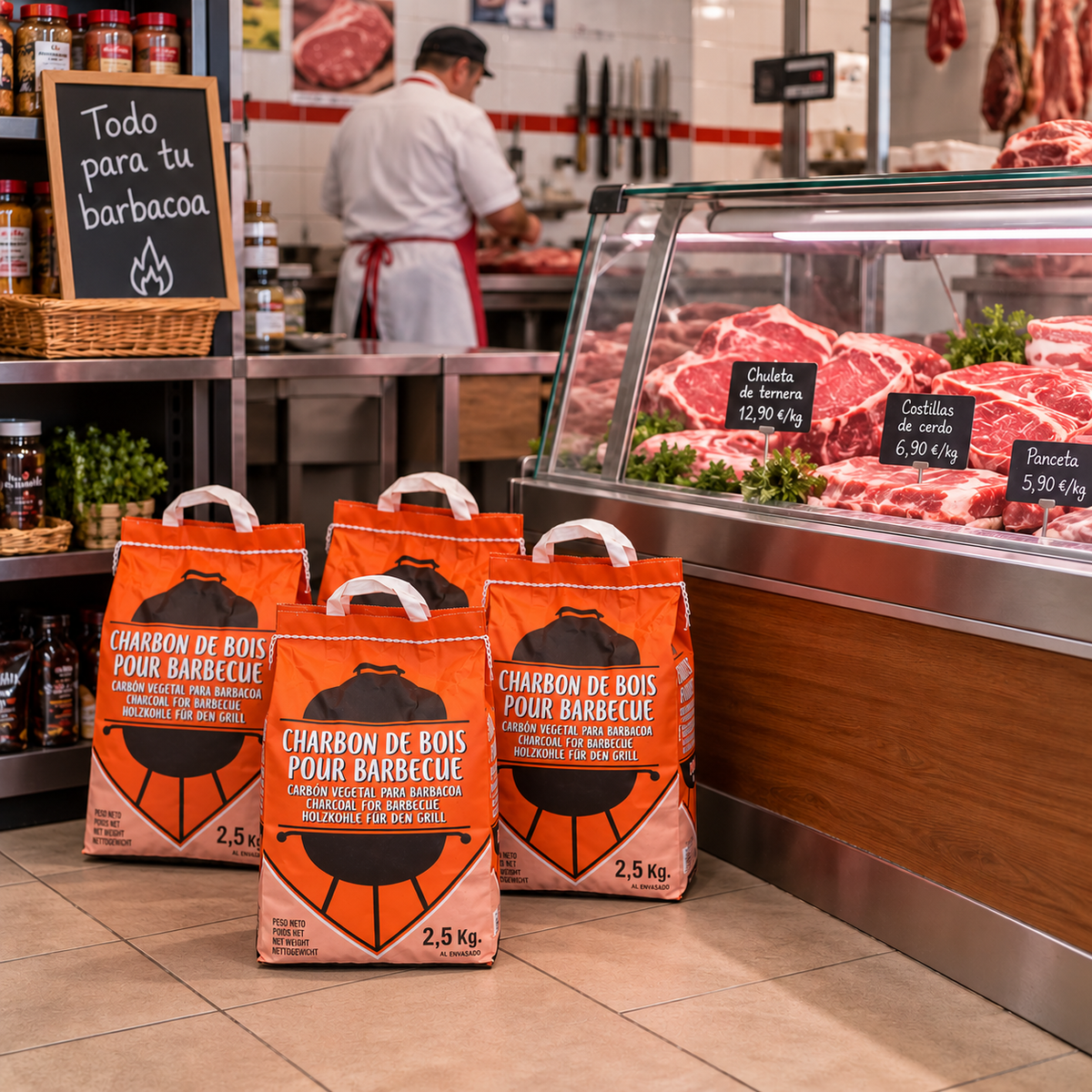 Sacs de charbon de bois pour barbecue 2,5 kg présentés dans une boucherie, à côté du rayon viande, pour la vente aux particuliers et aux professionnels.