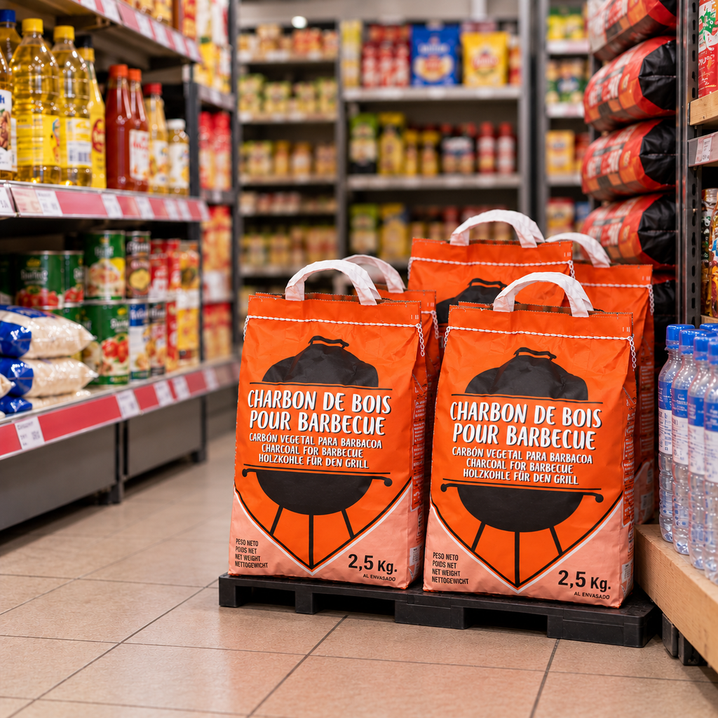 Sacs de charbon de bois pour barbecue 2,5 kg exposés en magasin alimentaire, dans un rayon d’épicerie, pour la vente en boutique.