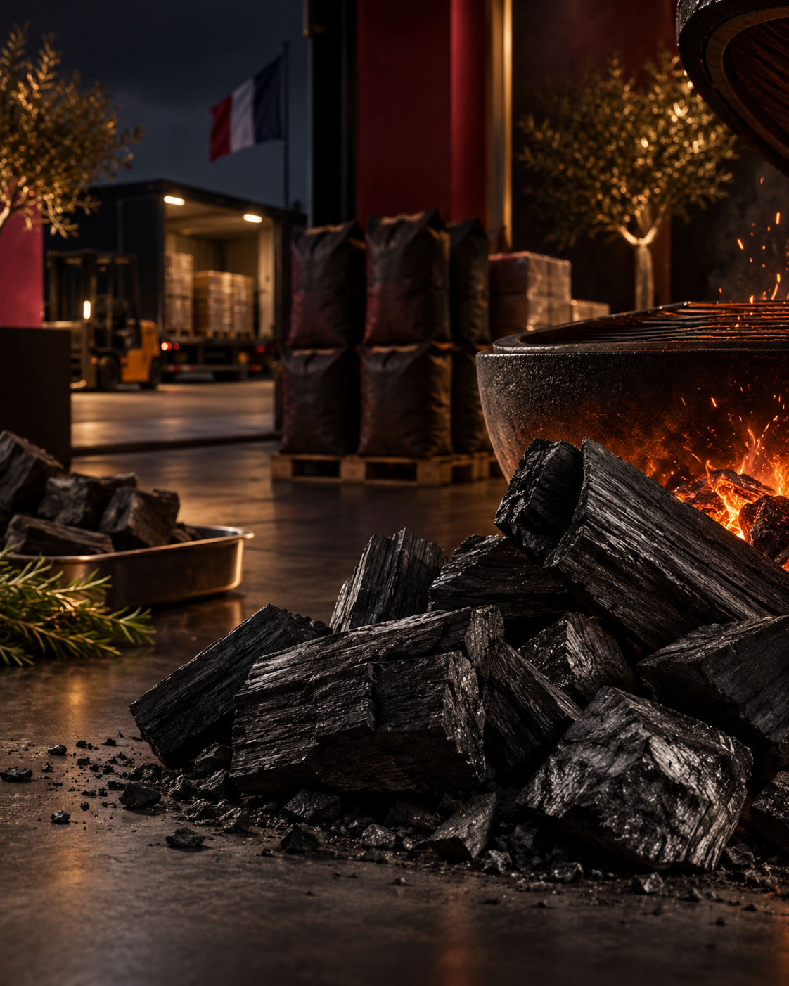 Stock de charbon de bois professionnel dans un entrepôt en France, avec braises ardentes au premier plan, pour restaurants, revendeurs et distributeurs.