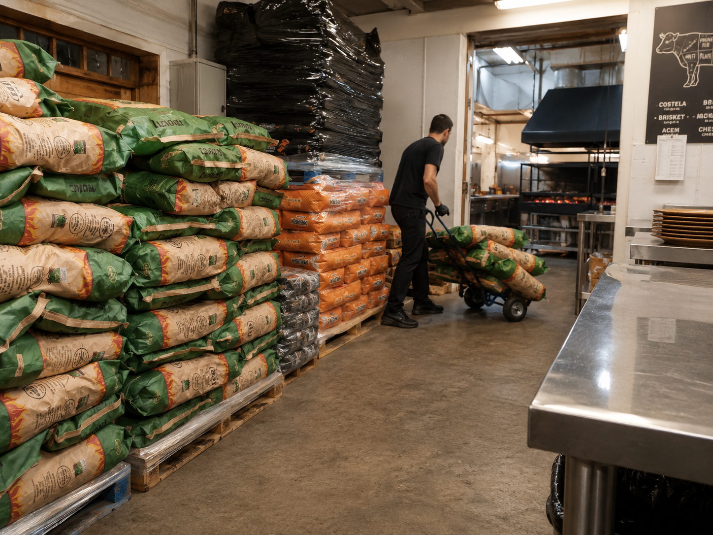 Palette de charbon de bois professionnel pour restaurant, stockée en entrepôt et prête à être utilisée en cuisine au feu de bois.