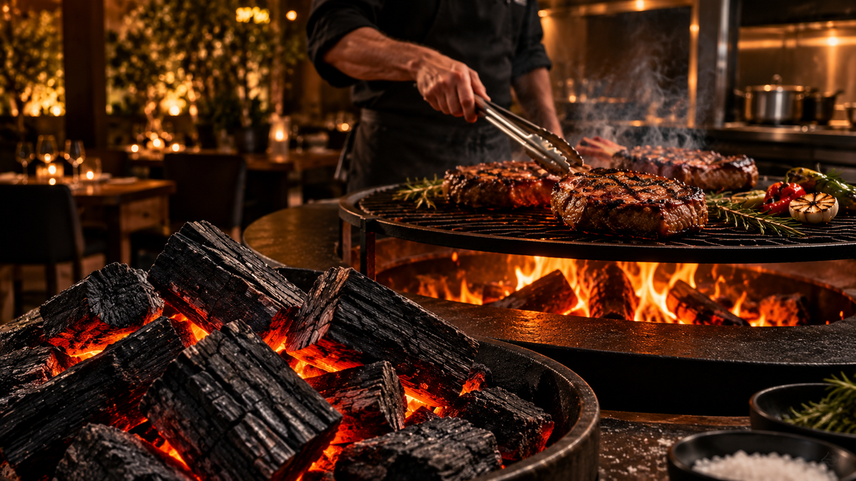 Charbon de bois en gros morceaux  qualité restauration et braises dans un grill professionnel avec viandes en cuisson