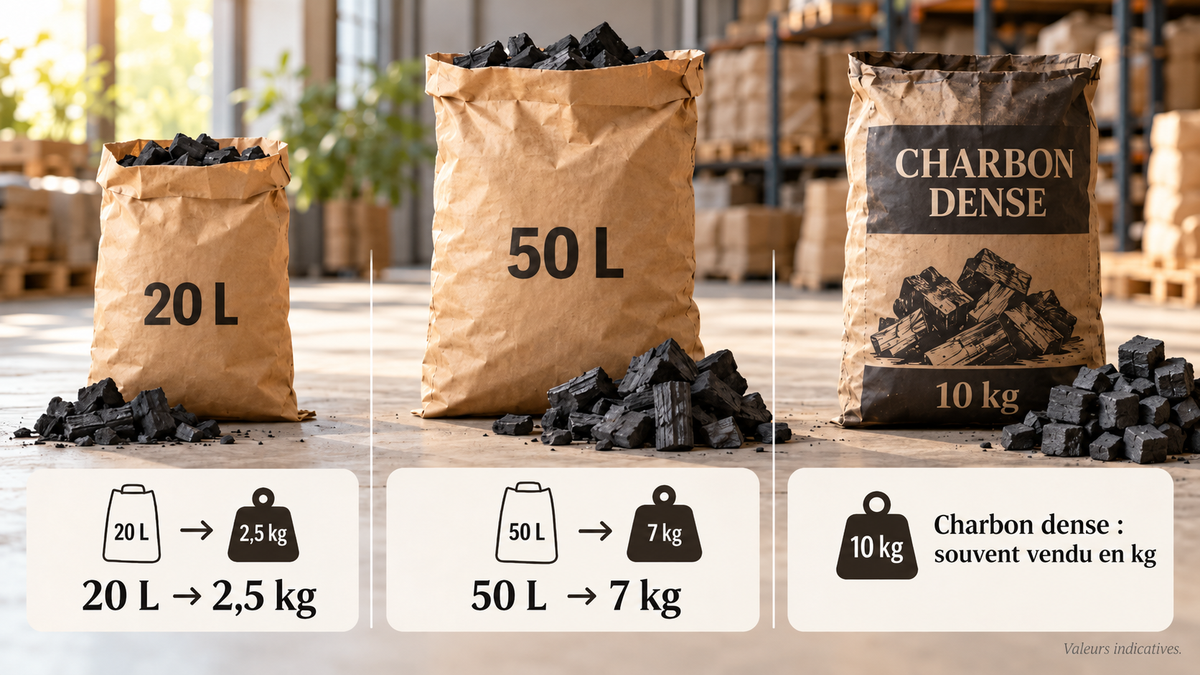 Comparatif indicatif du charbon de bois : sac de 20 L autour de 2,5 kg, sac de 50 L autour de 7 kg et charbon dense souvent vendu directement en kilos.