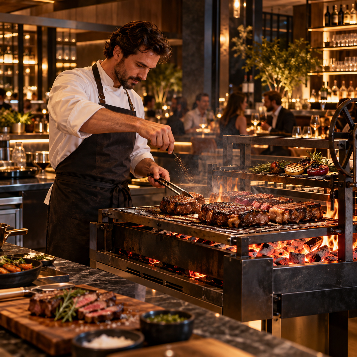 Chef cuisinant des viandes sur un grill professionnel au charbon de bois Quebracho Blanco, pour steakhouse, restaurant et cuisson à la braise.