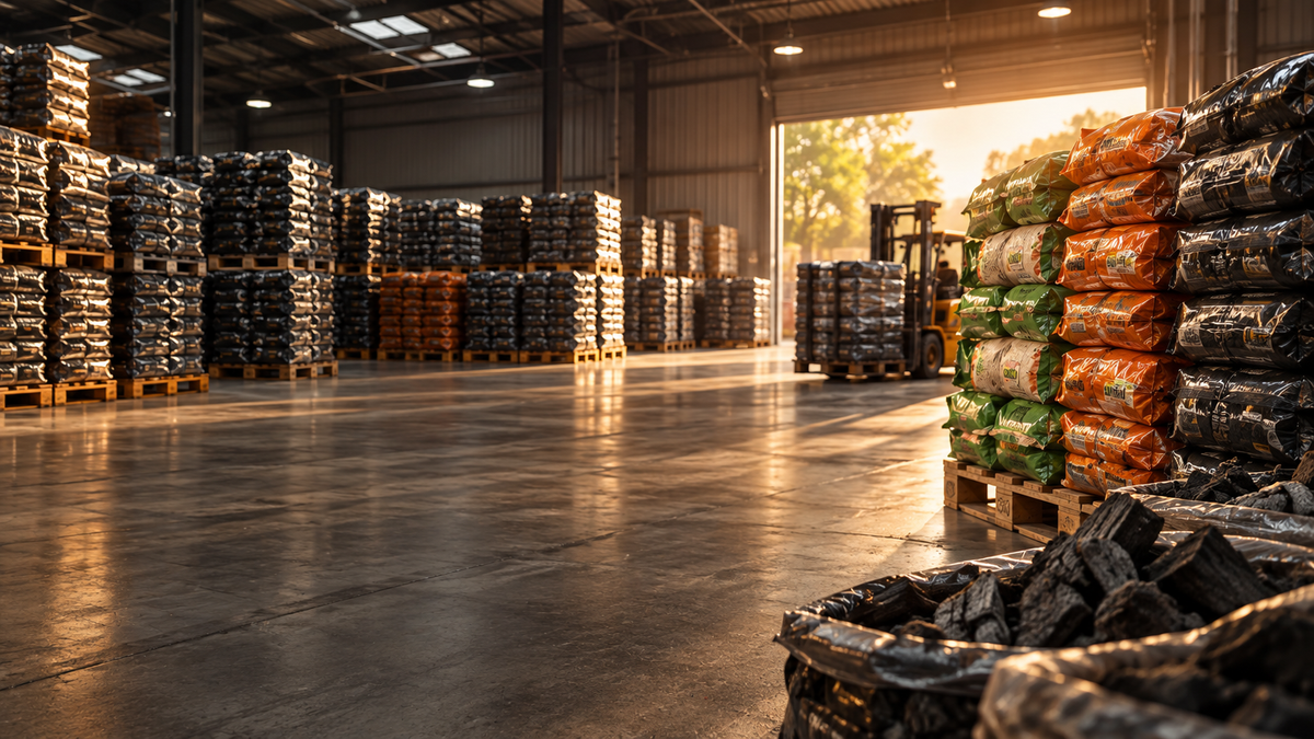 Entrepôt de charbon de bois professionnel avec palettes destinées aux grossistes, distributeurs et revendeurs