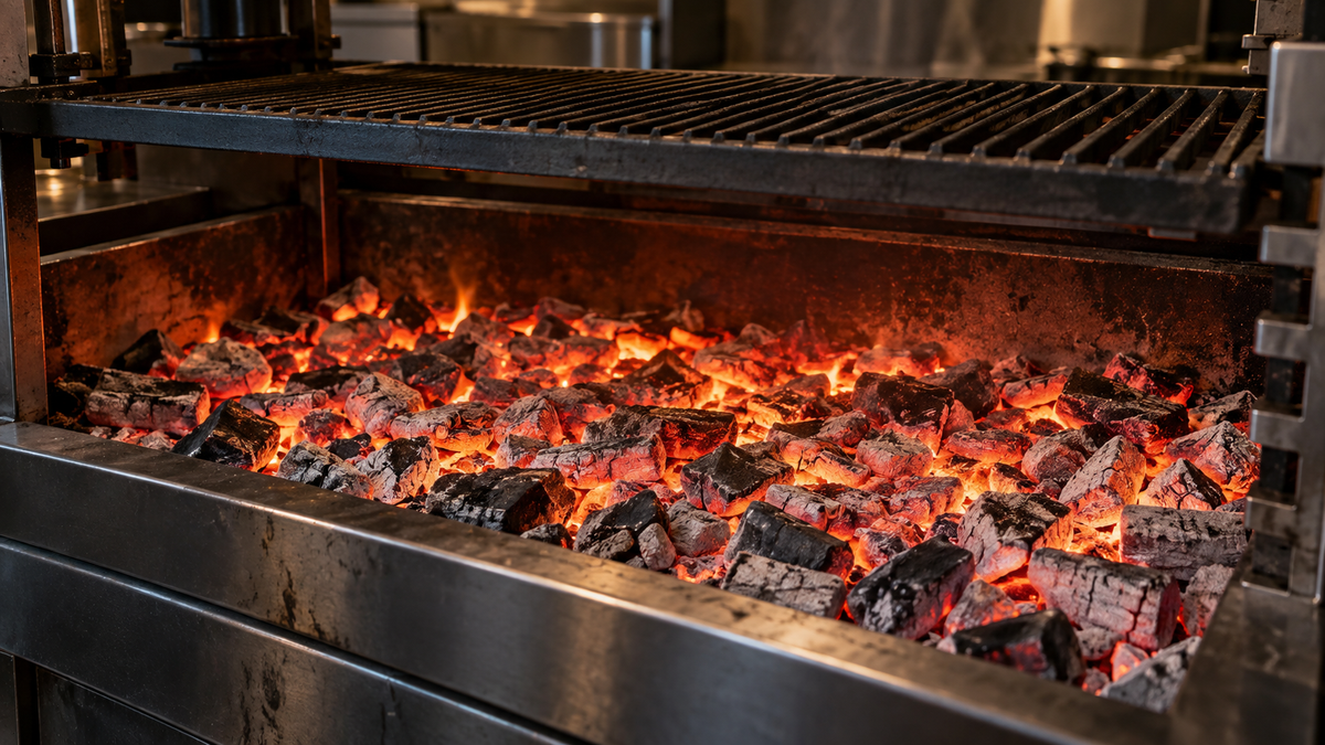 Lit de braises régulier dans un grill professionnel, illustrant la stabilité et la durée de la braise d’un charbon de bois pour restaurant.