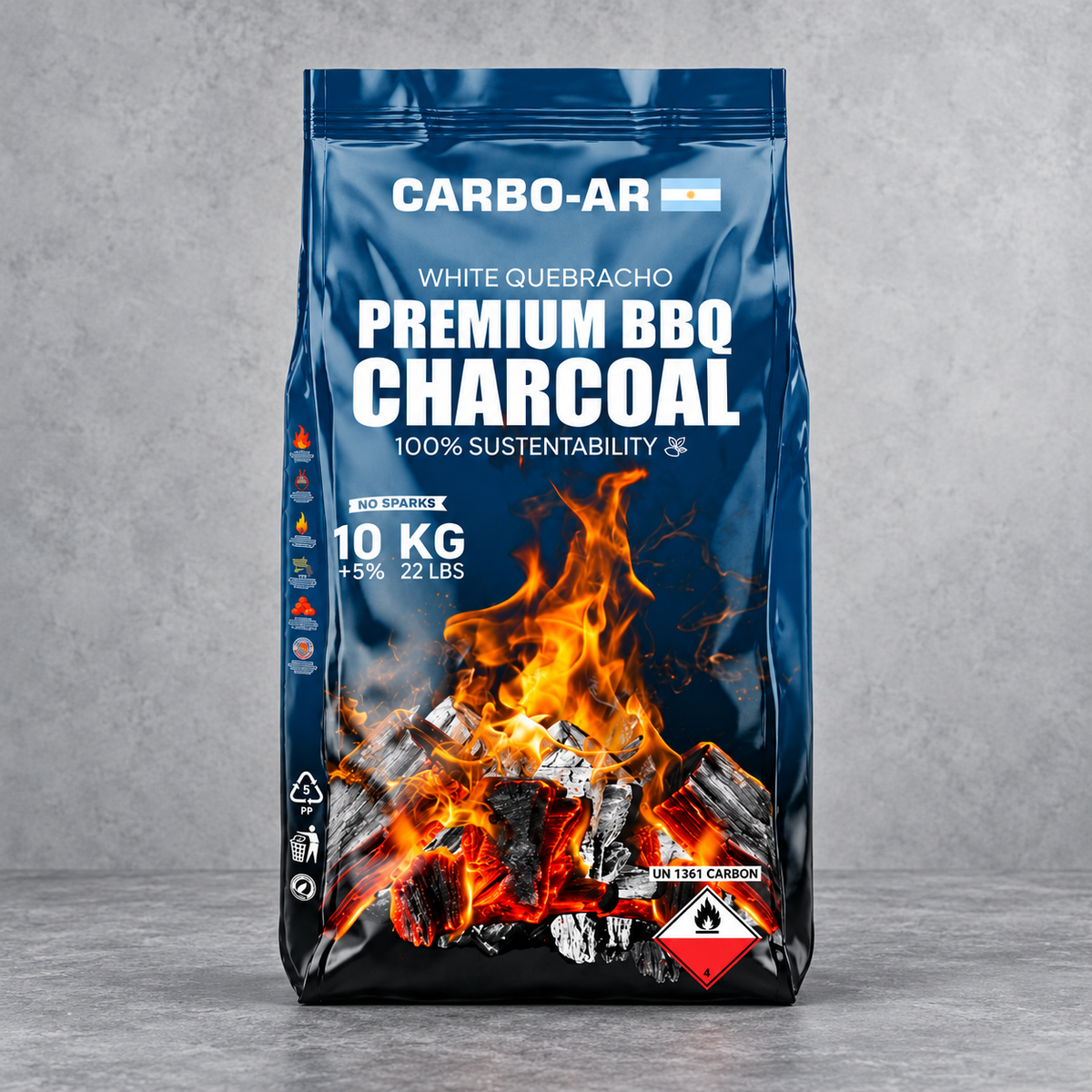 Sac de charbon de bois Quebracho Blanco 10 kg, qualité premium barbecue, présenté de face sur fond gris.