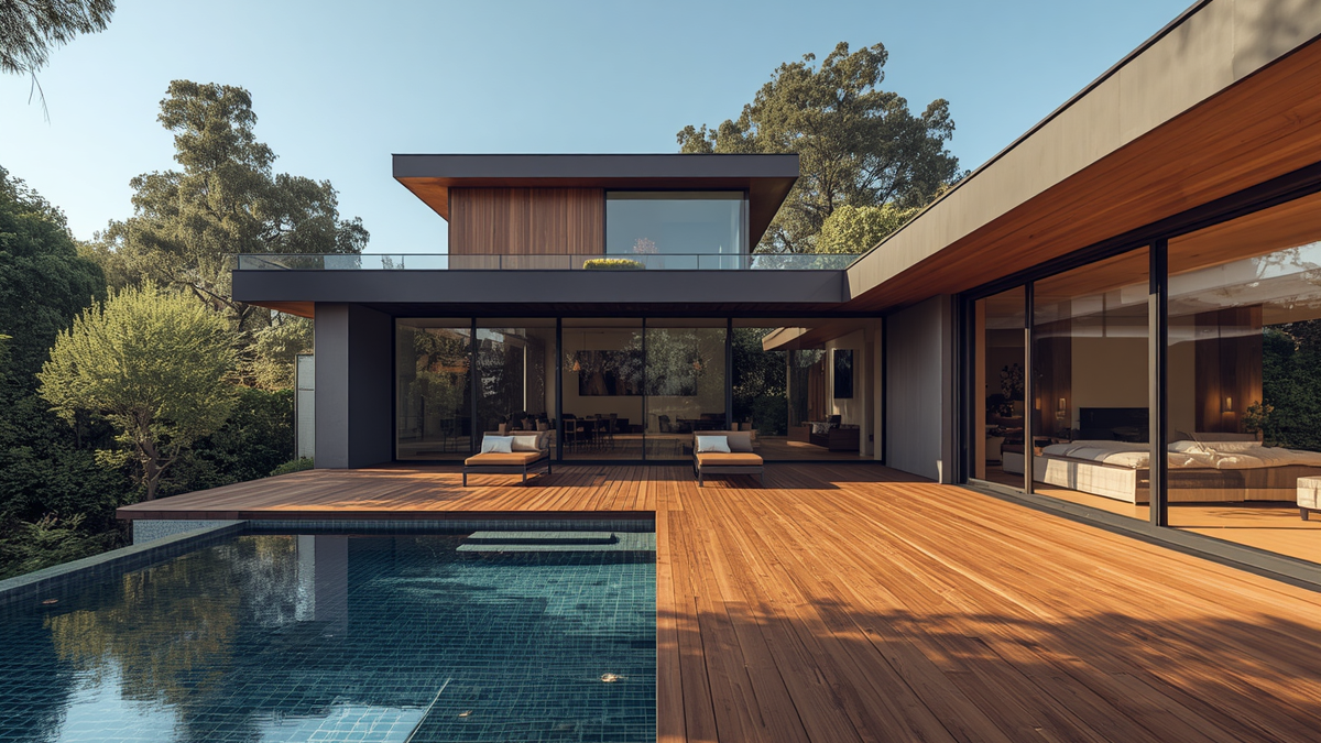 Lames de terrasse eucalyptus utilisées autour d'une piscine résidentielle