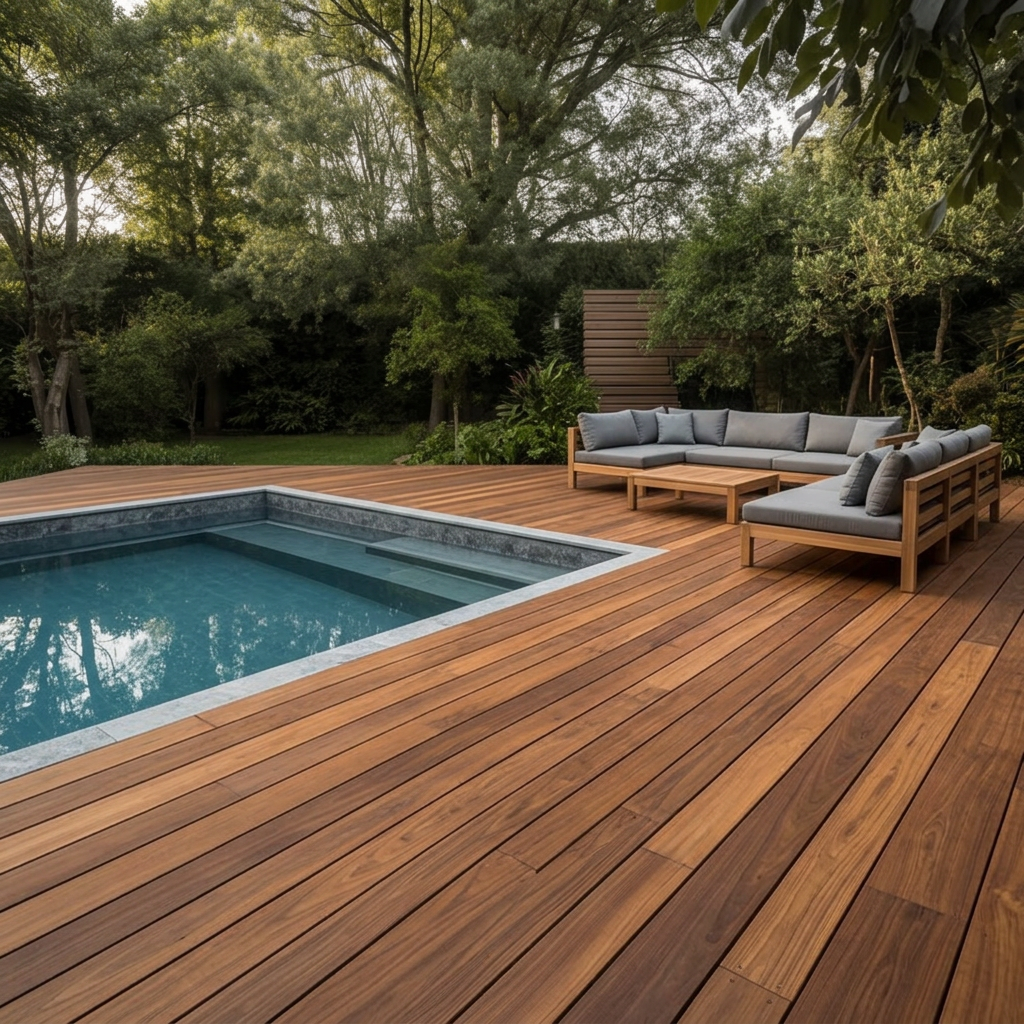 Lames de terrasse eucalyptus utilisées autour d'une piscine 
