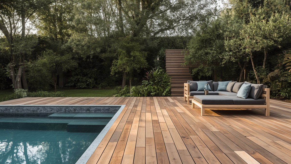 Lames de terrasse de pin utilisées autour d'une piscine résidentielle