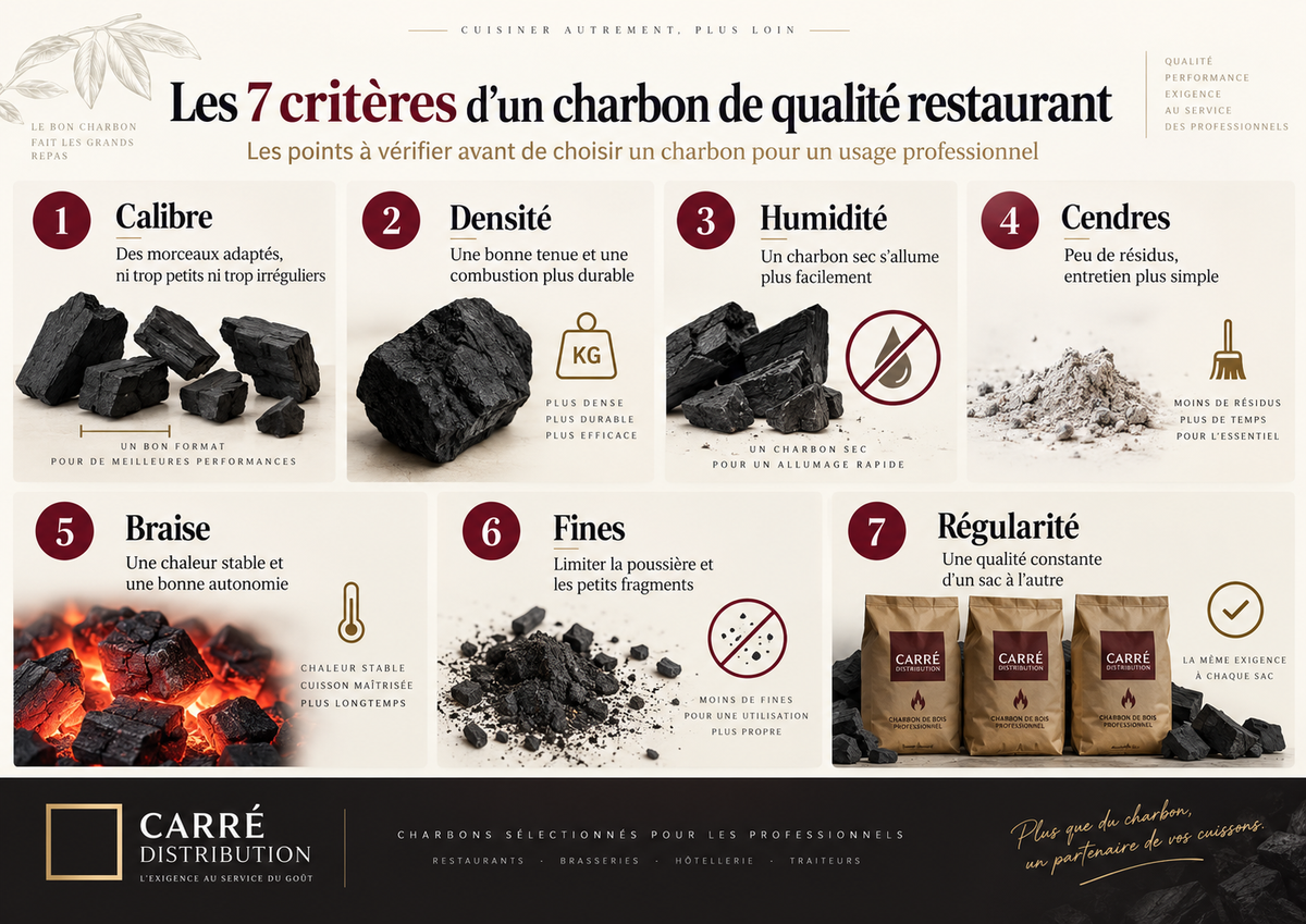 Infographie présentant les 7 critères d’un charbon de bois de qualité restaurant : calibre, densité, humidité, quantité de cendres, stabilité de la braise, présence de fines et régularité du produit.