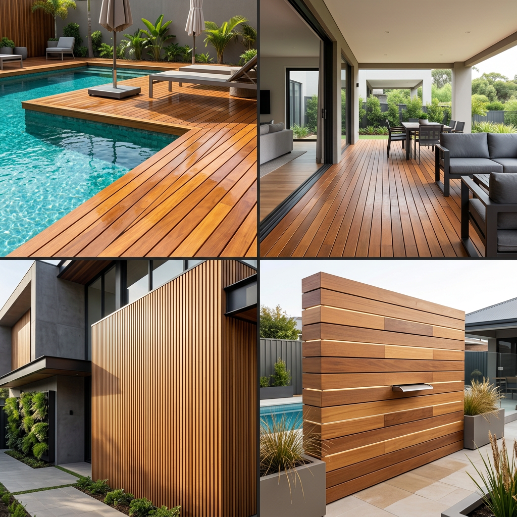 Exemples de projets réalisés avec des lames de terrasse en eucalyptus et bois exotique : piscine, terrasse, bardage et aménagement extérieur