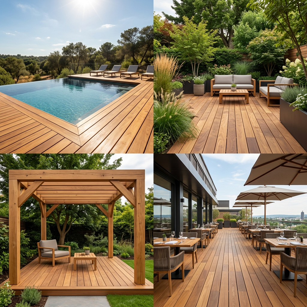 Applications des lames de terrasse eucalyptus pour piscines, jardins, pergolas et aménagements professionnels