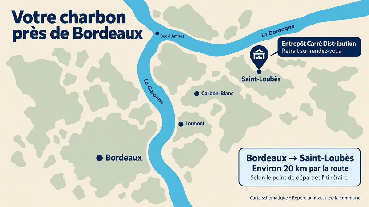Carte schématique situant Saint-Loubès, lieu de retrait du charbon Carré Distribution, au nord-est de Bordeaux.
