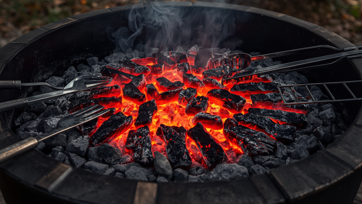 Charbon de bois professionnel en braises dans un barbecue de restaurant