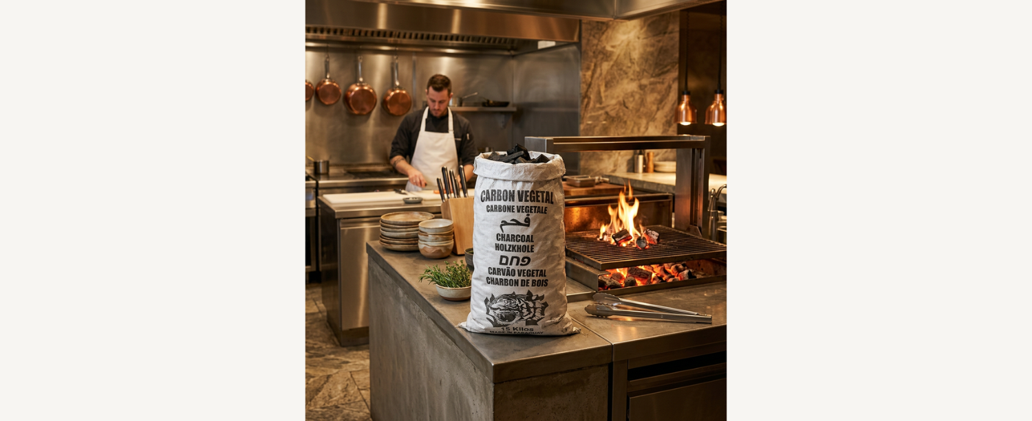 Charbon de bois Quebracho Blanco utilisé dans une cuisine professionnelle pour la cuisson au feu de bois en restauration