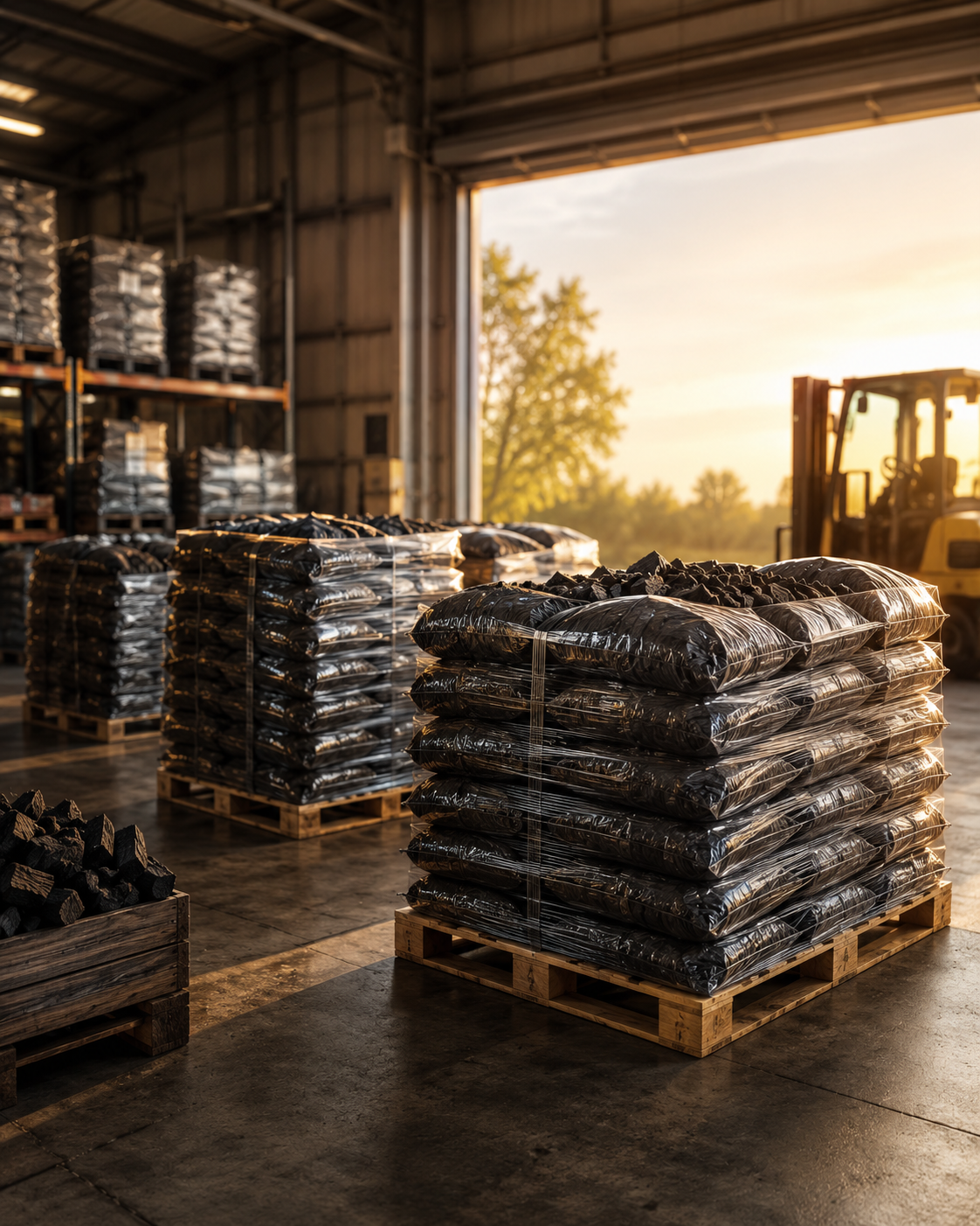 Palette de charbon de bois pour professionnels dans un entrepôt