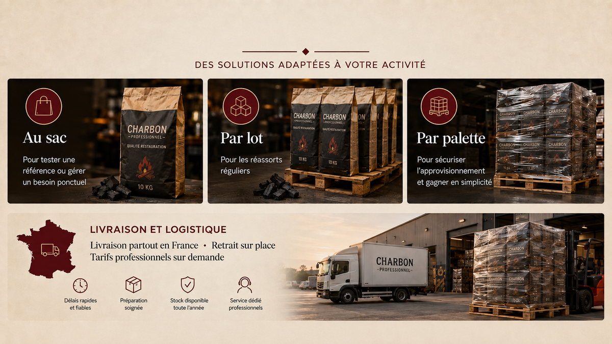 Charbon de bois professionnel au sac, par lot ou par palette avec livraison en France