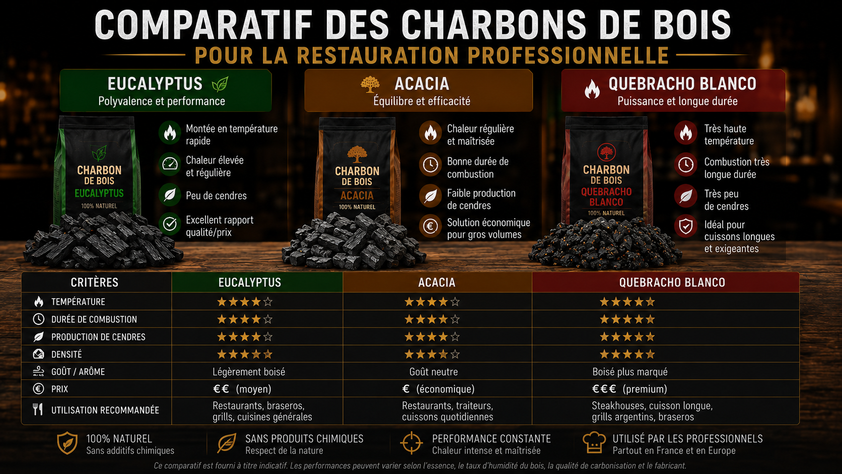 Comparatif des charbons de bois pour brasero : eucalyptus, acacia et Quebracho Blanco selon la température, la durée de combustion, la densité, la production de cendres et les utilisations professionnelles.