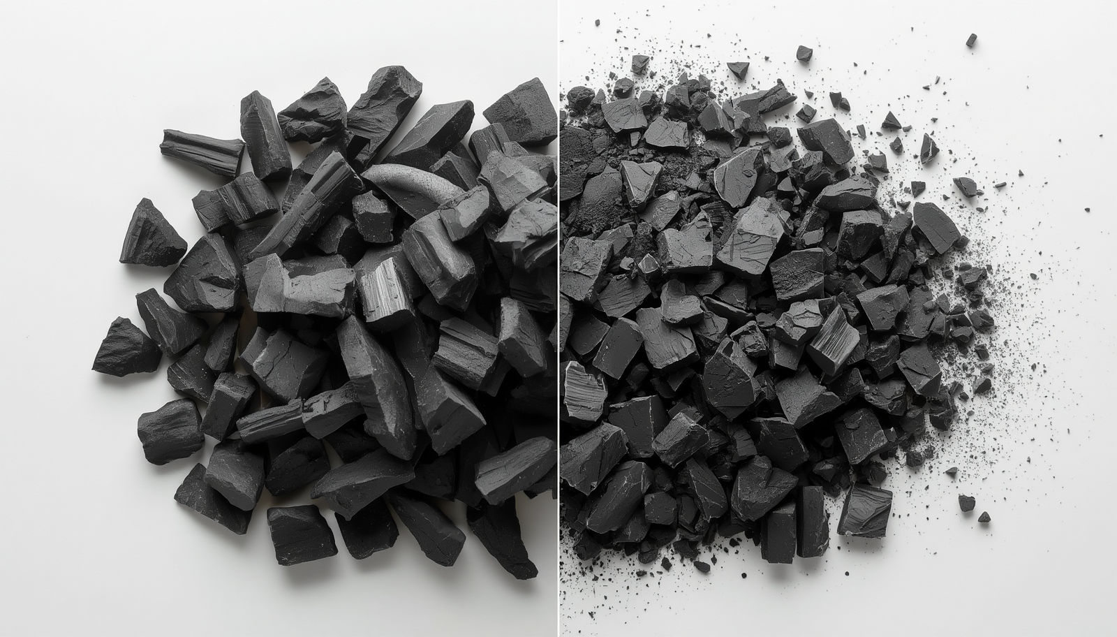 Comparaison entre un charbon de bois professionnel composé de gros morceaux et un charbon de moindre qualité contenant de nombreux petits morceaux.
