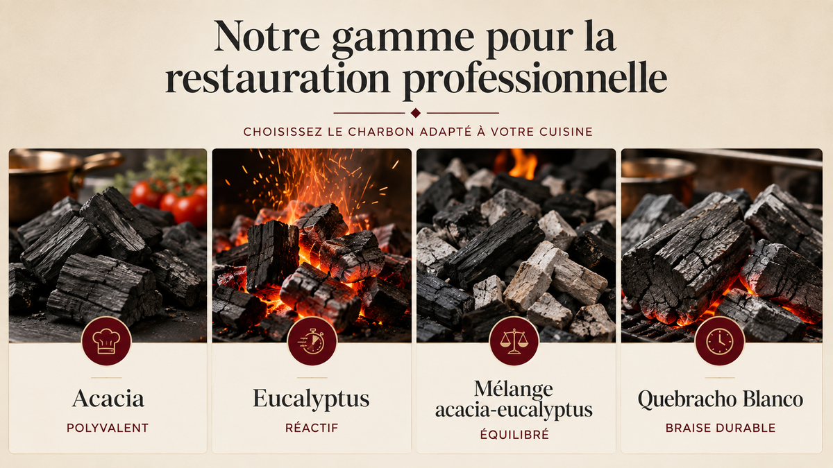 Comparatif de charbons de bois pour restauration professionnelle : acacia, eucalyptus, mélange acacia-eucalyptus et Quebracho Blanco