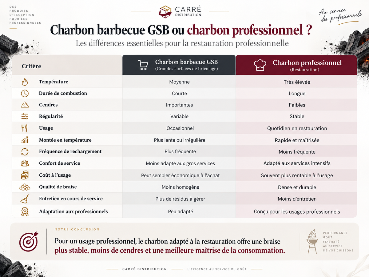 Comparatif entre charbon de bois professionnel pour la restauration et charbon barbecue GSB : combustion, braise, cendres et usage