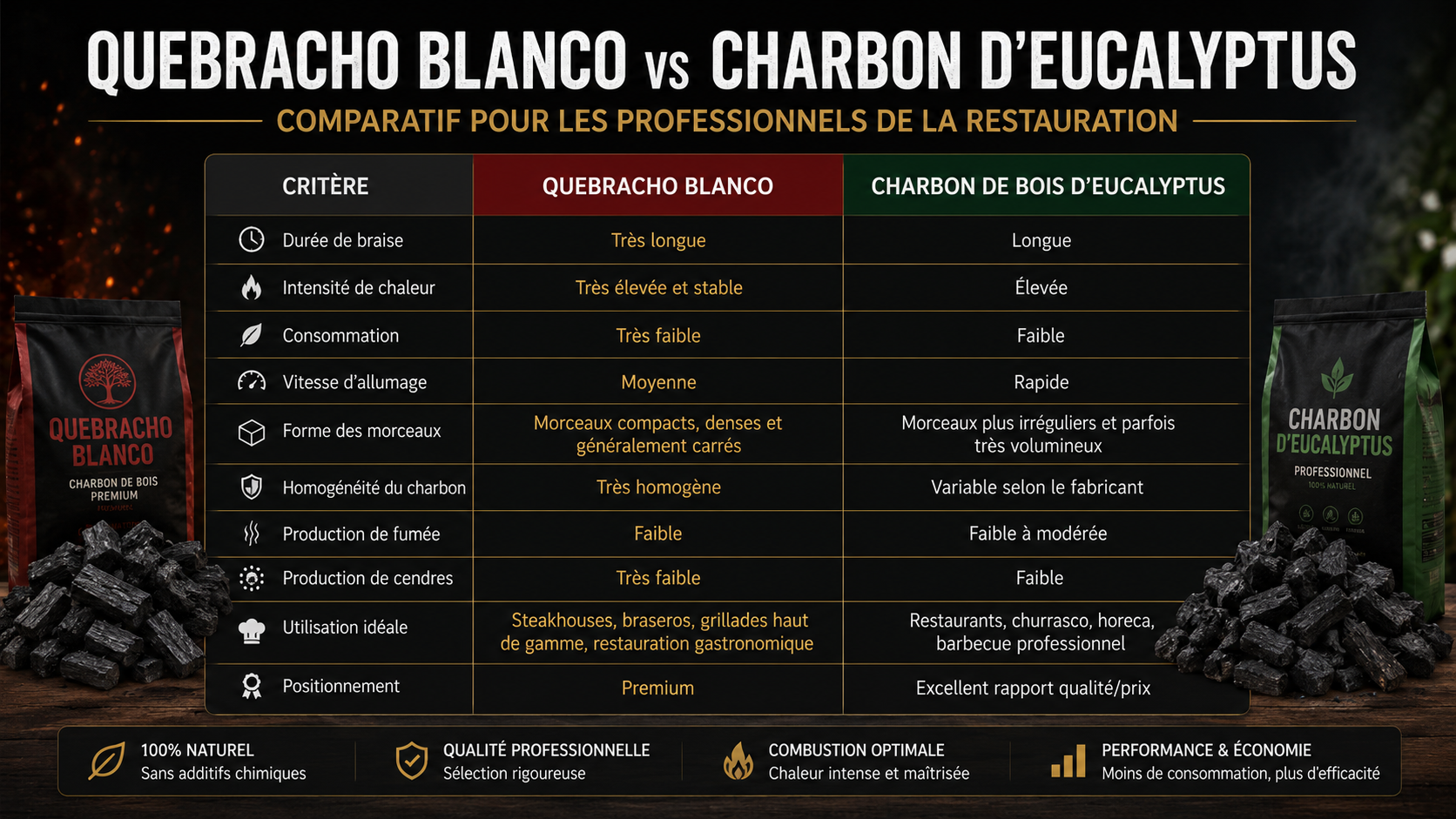 Tableau comparatif charbon de bois quebracho blanco vs eucalyptus