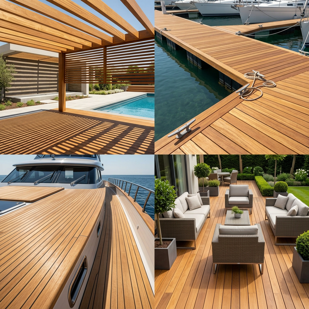 Projets réalisés en lames de terrasse bois exotique : pergola, pont de bateau et terrasse de jardin