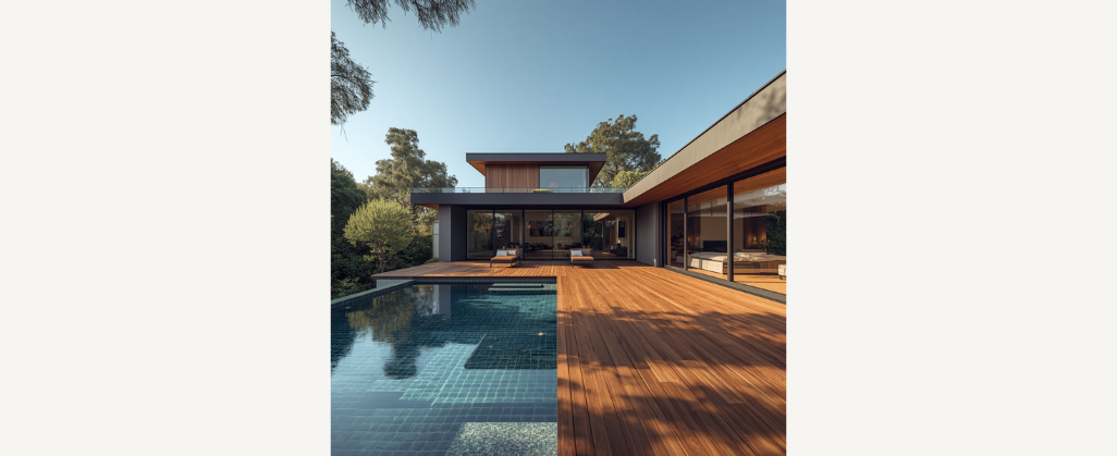 Terrasse en eucalyptus autour d'une piscine moderne, exemple d'aménagement extérieur durable et haut de gamme