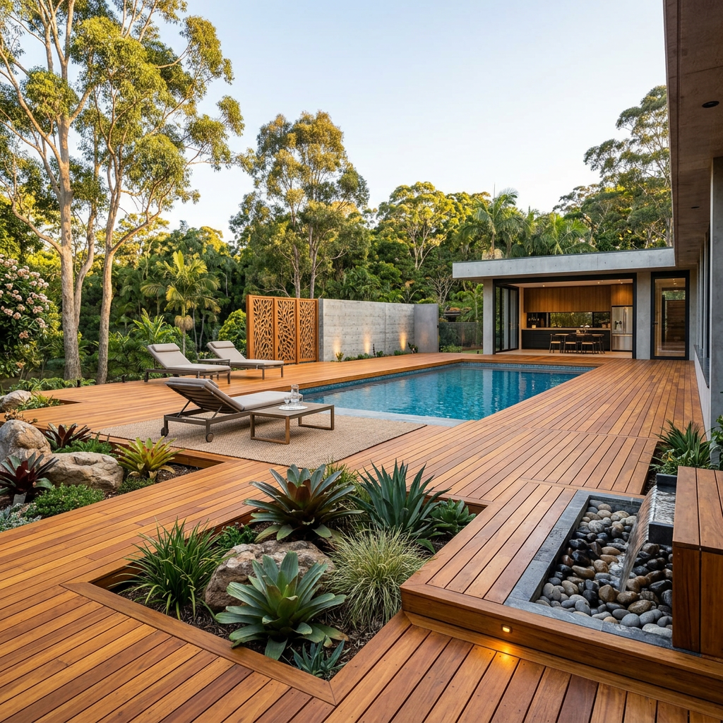 Terrasse de piscine en lames de terrasse eucalyptus pour aménagement extérieur