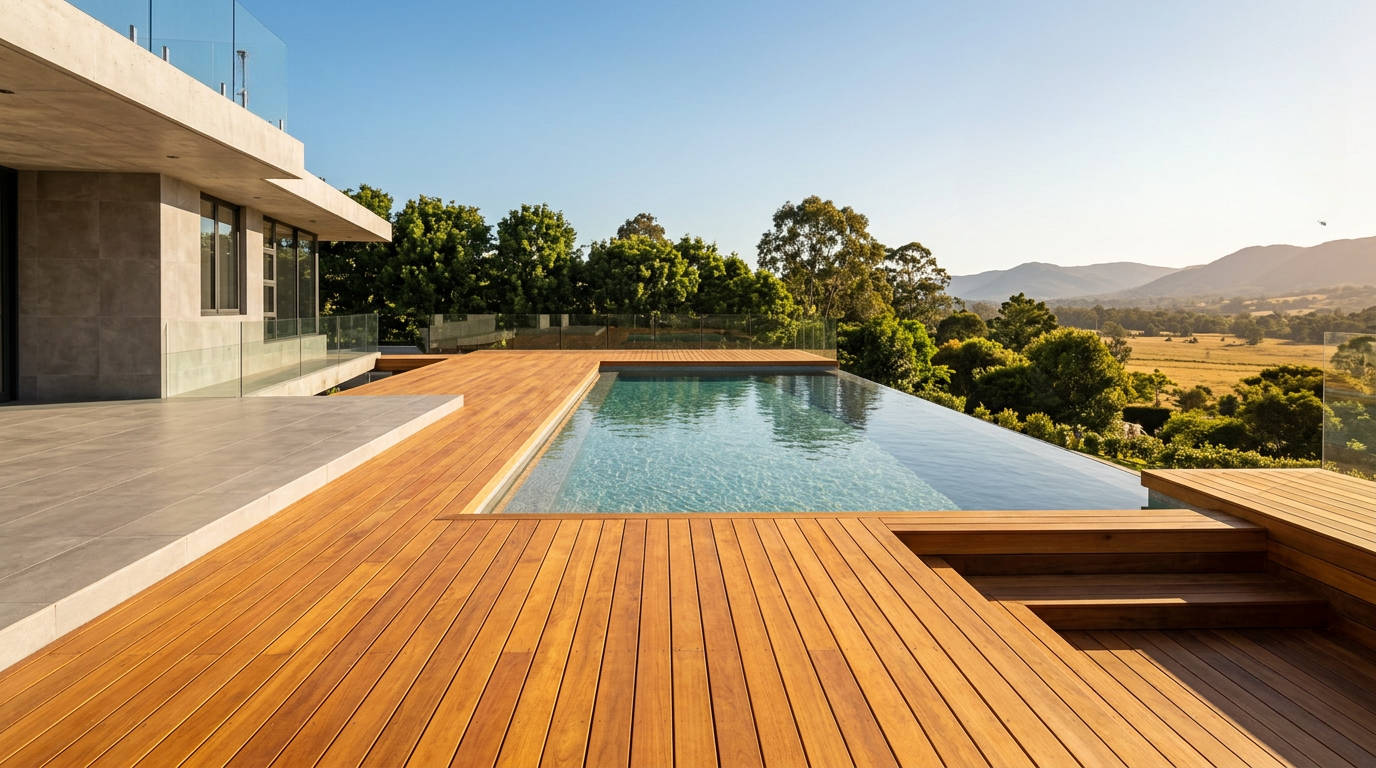 Terrasse réalisée en lames de terrasse eucalyptus pour aménagement extérieur professionnel