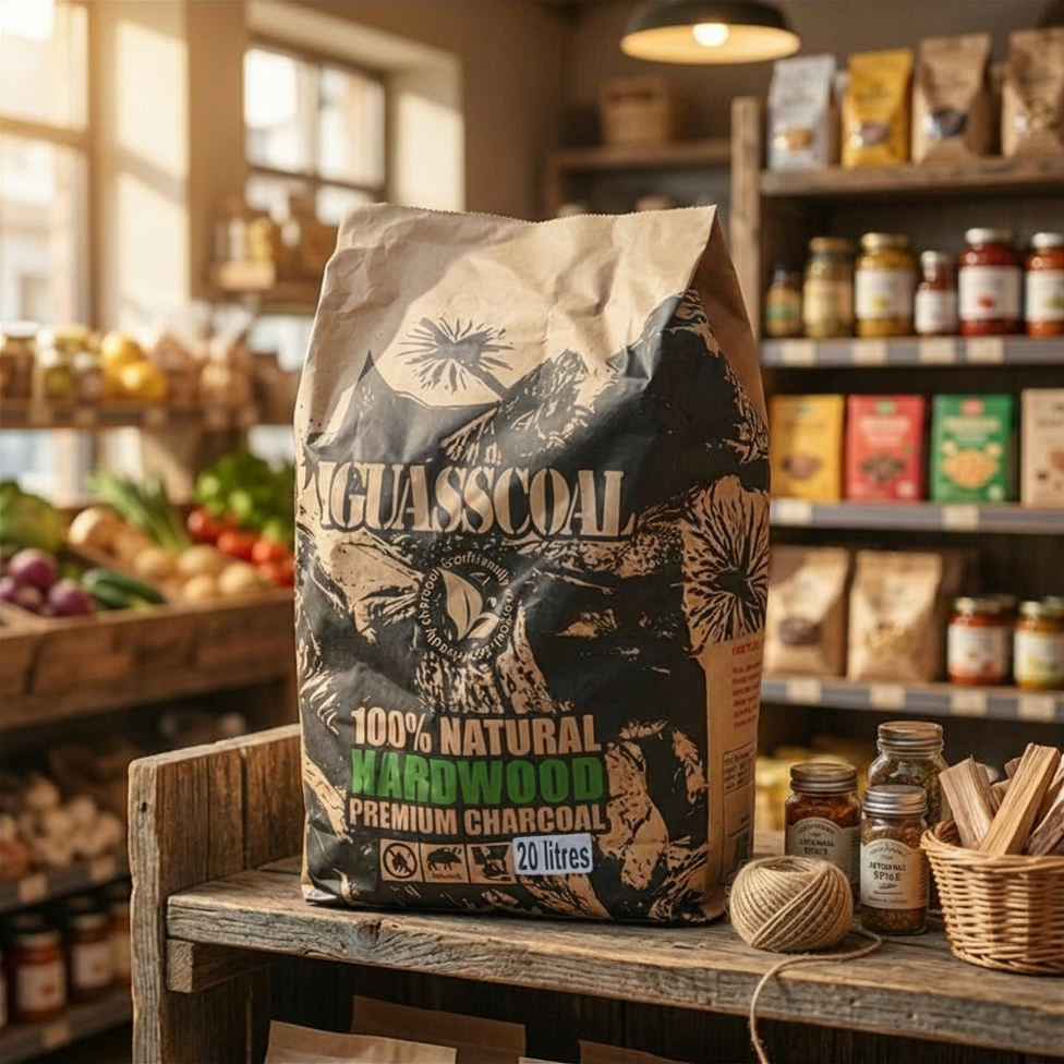 Charbon de bois Montezuma 20 litres présenté en rayon d'épicerie et commerce alimentaire