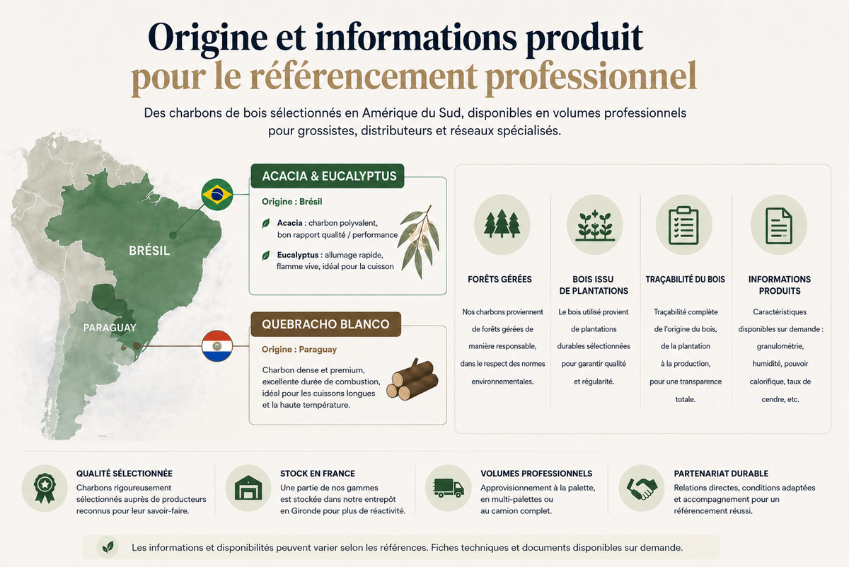 Origine, traçabilité et informations techniques du charbon de bois professionnel du Brésil et du Paraguay pour grossistes et distributeurs