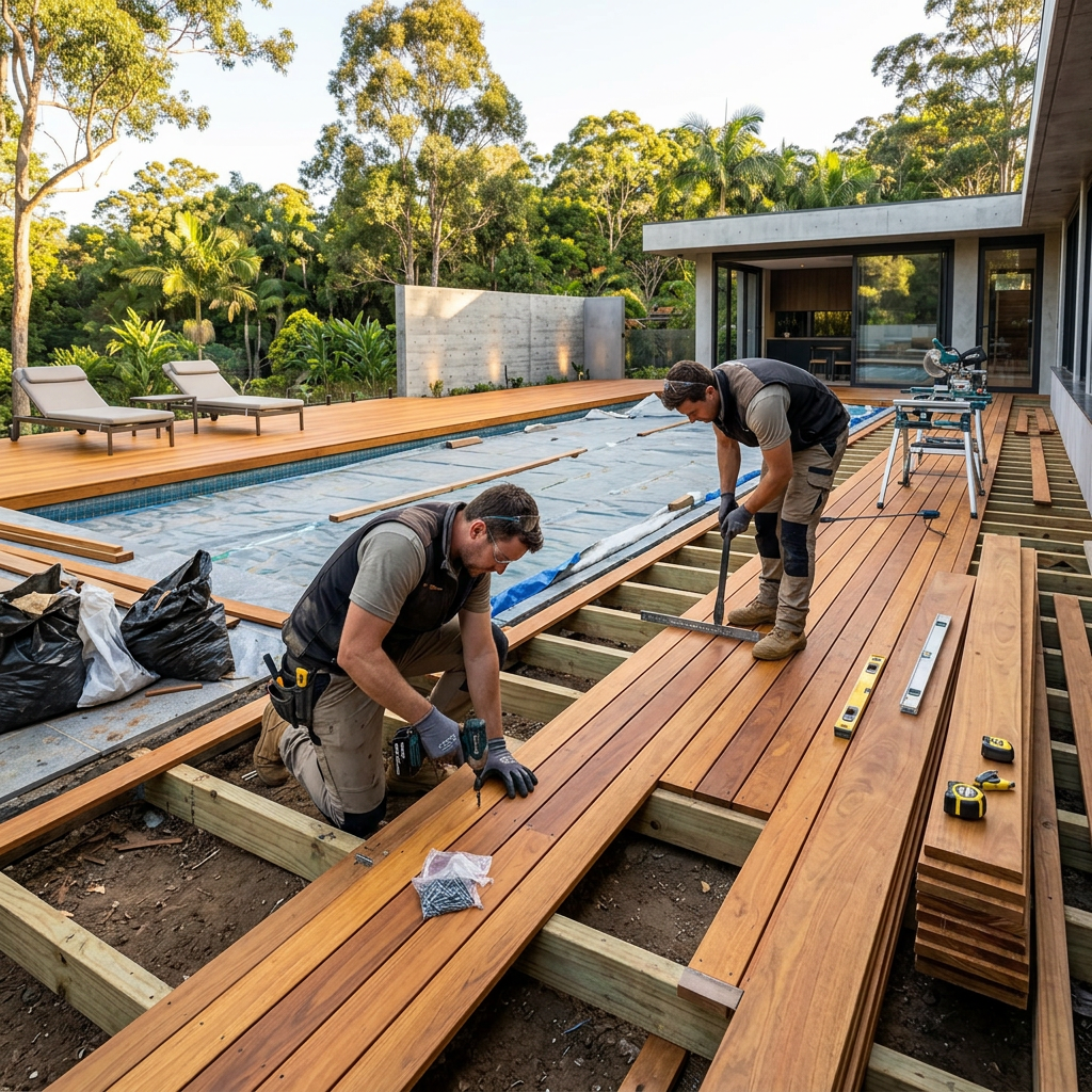 Ouvriers réalisant la pose d'une terrasse en lames d'eucalyptus autour d'une piscine