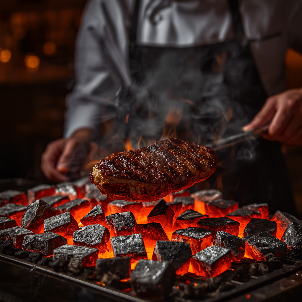 Cuisson au feu de bois avec charbon Quebracho Blanco premium pour steakhouses, grillades et restauration professionnelle
