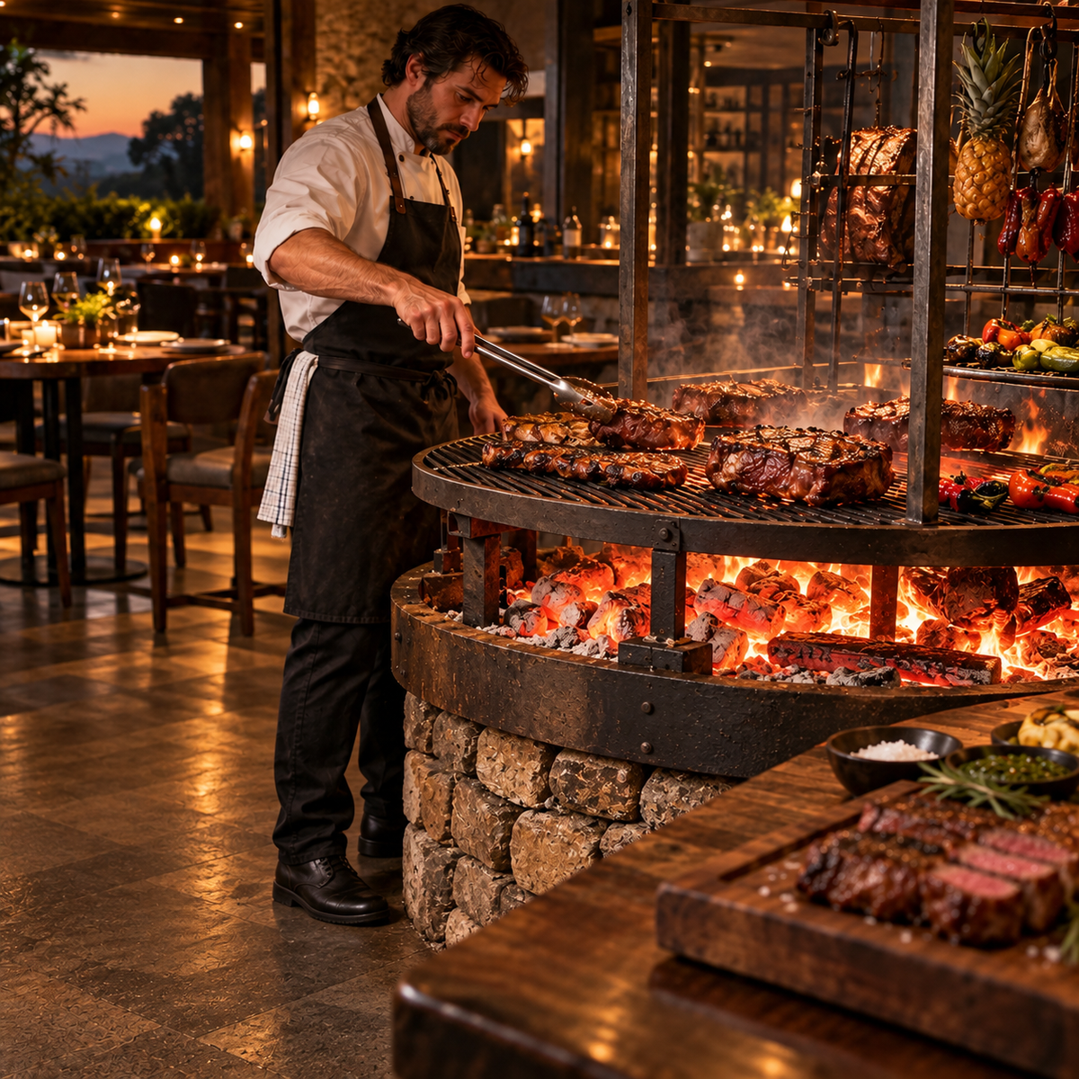 Chef cuisinant à la braise dans un restaurant avec du charbon Quebracho Blanco pour grill, steakhouse et cuisson professionnelle
