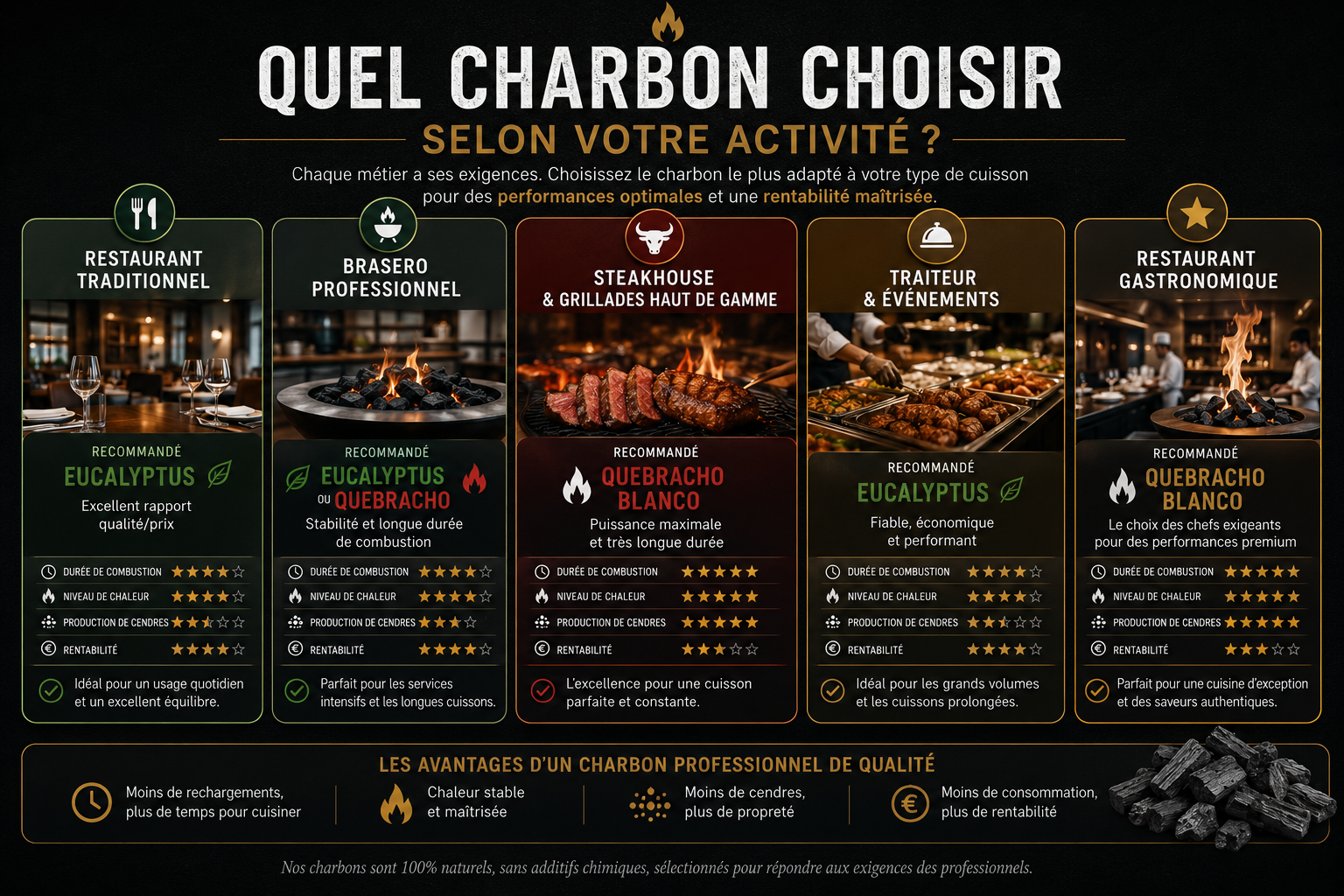 Quel charbon de bois choisir selon votre type de brasero professionnel : comparaison entre eucalyptus, acacia et quebracho pour les restaurants, steakhouses et traiteurs.