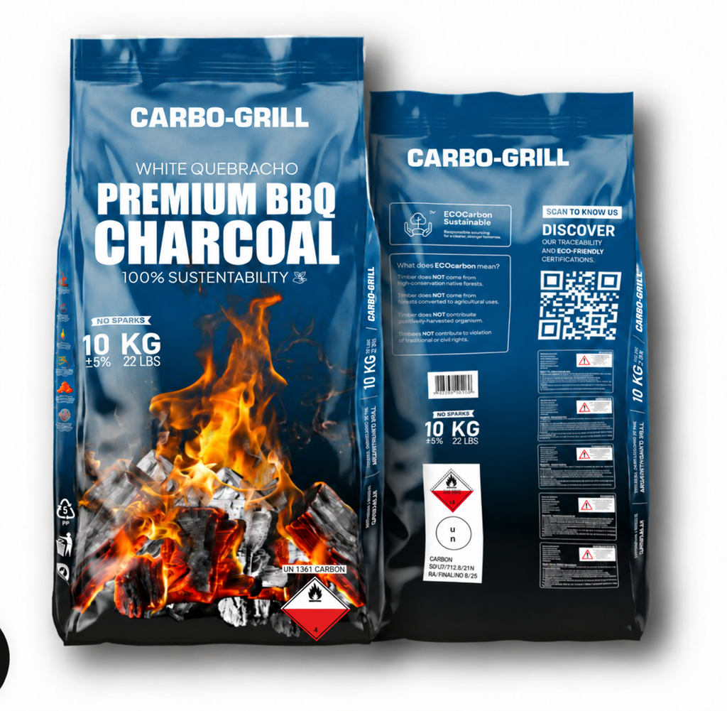 10 kg – recto et verso	Conditionnement 10 kg de charbon de bois Quebracho Blanco Argentine avec vue avant et arrière du sac professionnel