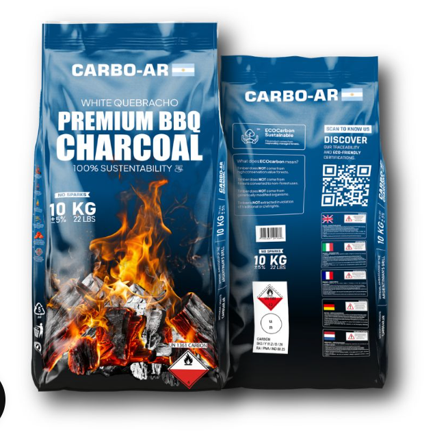 10 kg – recto et verso	Conditionnement 10 kg de charbon de bois Quebracho Blanco Argentine avec vue avant et arrière du sac professionnel